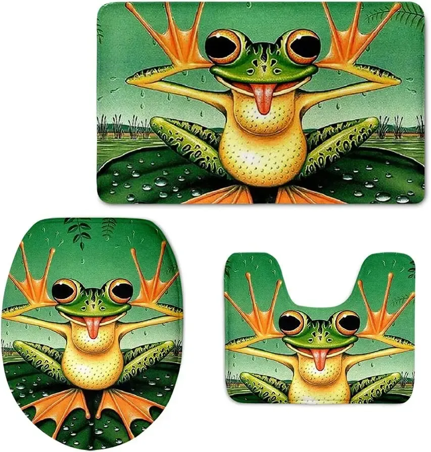 Mats Funny Frog Print Soft Comfort Anti Skid Toilet Seat Cover Bath Mat Lid Cover Full Set of 3 Piece Area Rugs