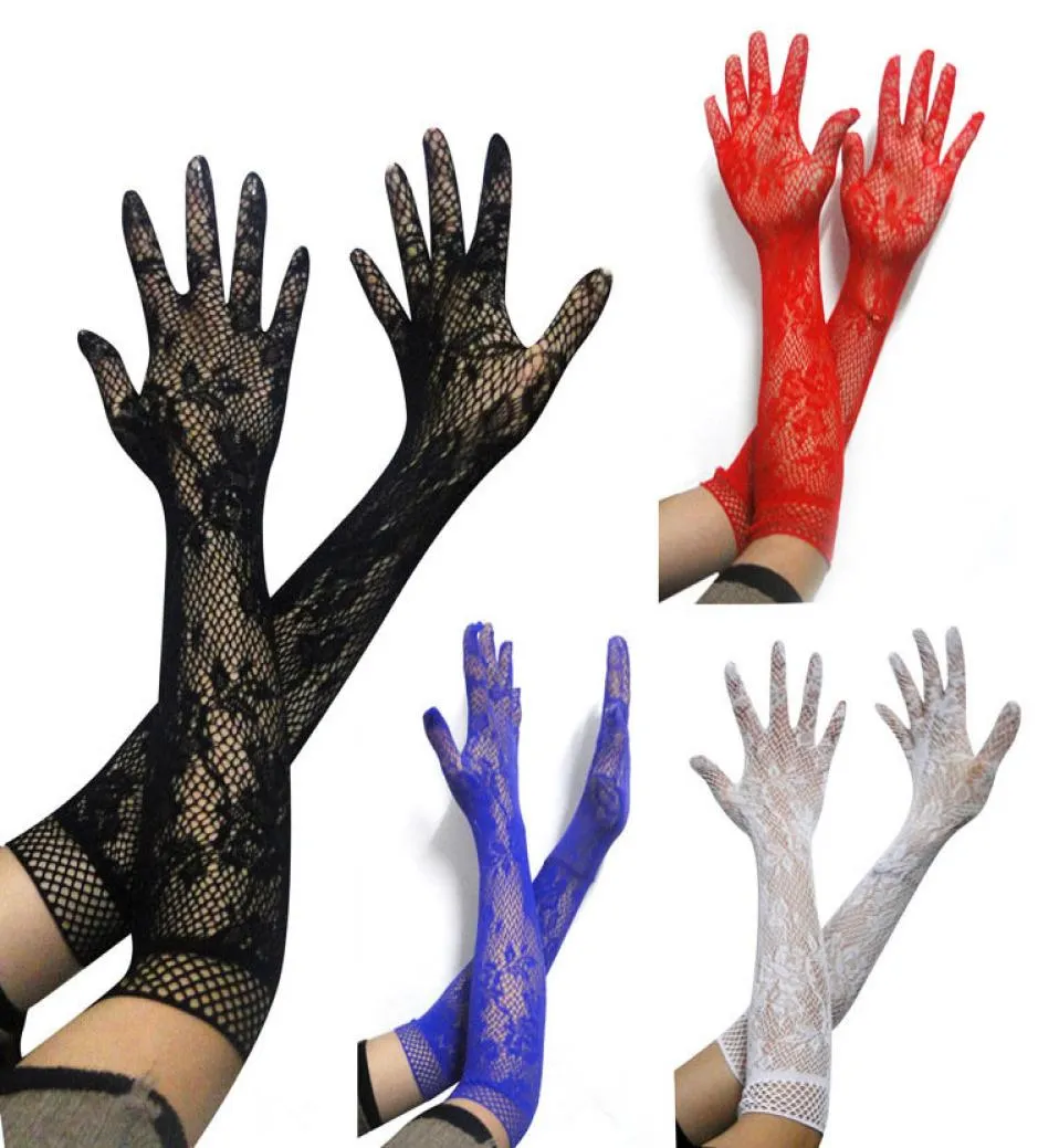 Damskie rękawiczki Five Finger Fishnet koronkowe kwiatowy Jacquard długość Mid Long Gloves Elastic Party Club Carnival Fancy Dress Dostęp 2385599