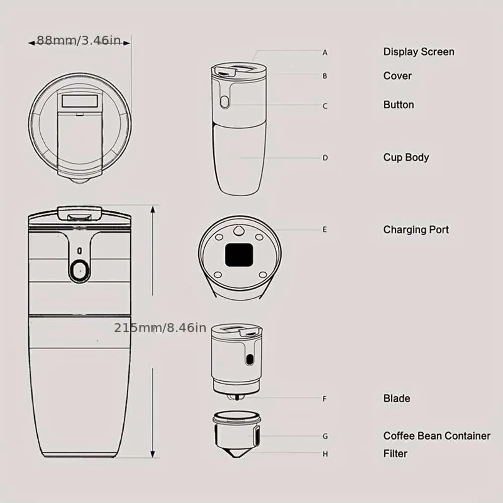 MINI ESPRESSO HINE, GRINDE GOURNAL ÉLECTRIQUE PORTABLE PORTABLE USB CHARGEUX ACIER ET CAFE