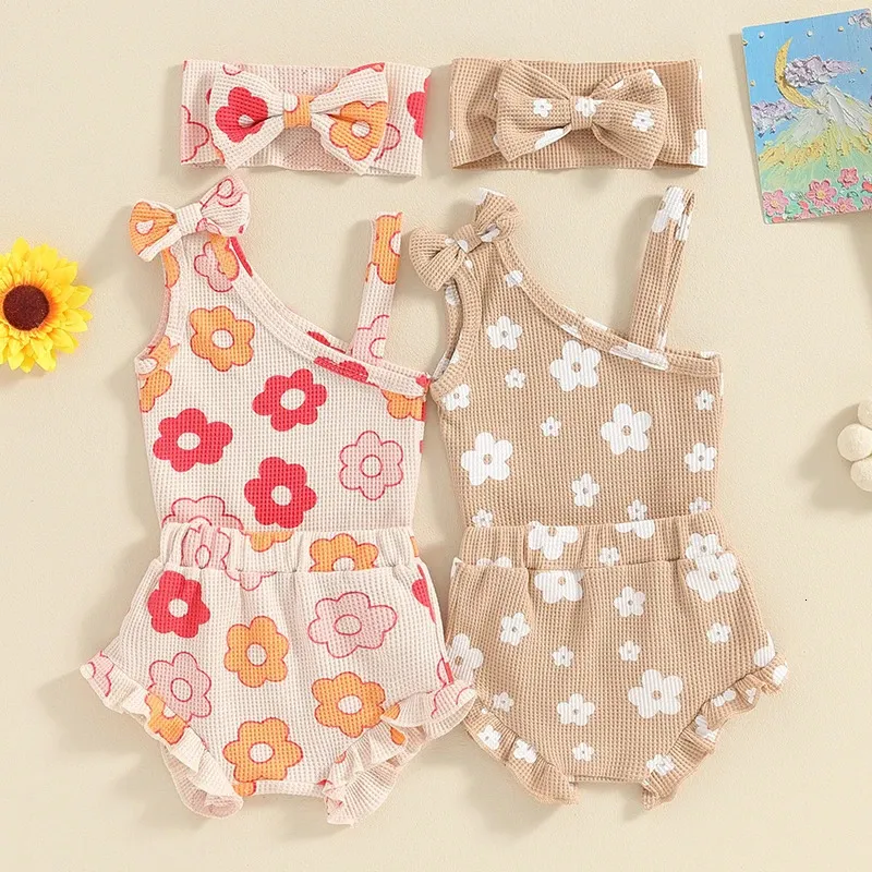 018m Born Infant Baby Girls Clothes Set ärmlösa blommuttryck Romper Shorts Bow pannband Våffla Outfits Summerkläder 240314