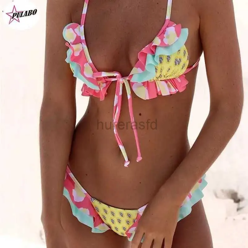 Traje de baño para mujer Chicas impresas corbata brasileña push up bikini borde plisado bikini traje de baño correa para el hombro vendaje playa para mujer S ~ XL 24326