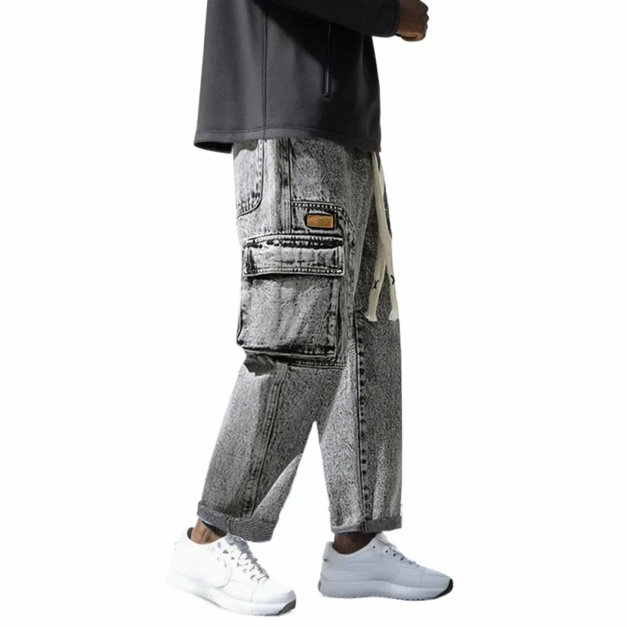 Jeans Homme Automne Lg Pantalon Hip Hop Denim Pantalon de travail avec de grandes poches Vintage Hommes Casual Loose Cargo Jeans Cordon f2NL #