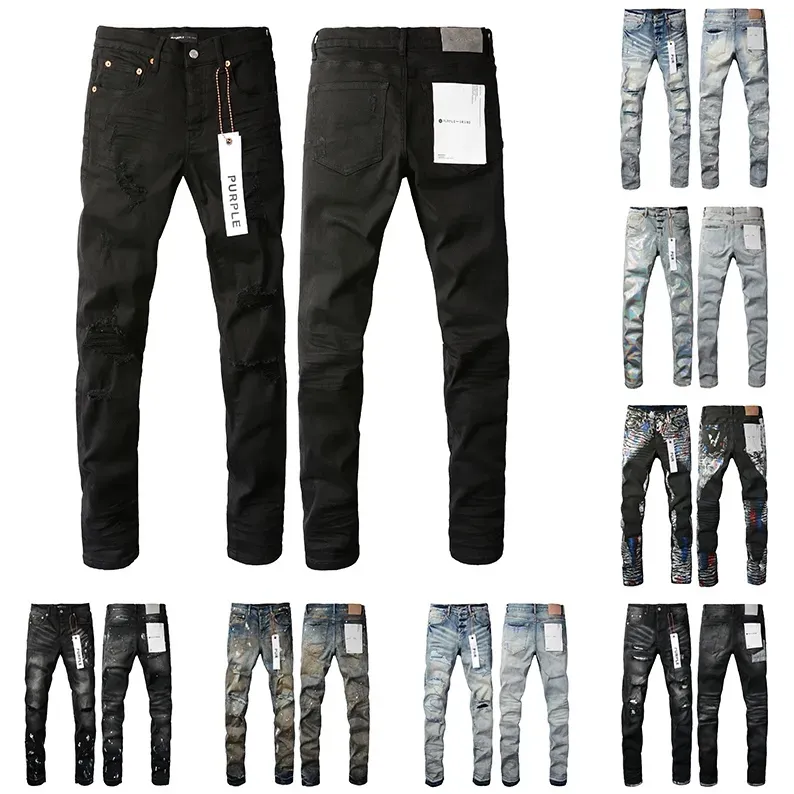 Paarse jeans Herenjeans Modetrends Verontruste zwarte gescheurde biker Slim fit motorfiets Mans zwarte broek gat denim dagelijkse outfit L6