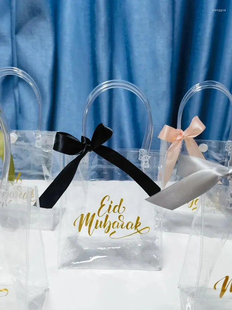 Gift Wrap 10Pcs Eid Mubarak Clear Bags With Handle Ribbons Reusable Transparent PVC Bag For Islamic Muslim Party Favor Decorations