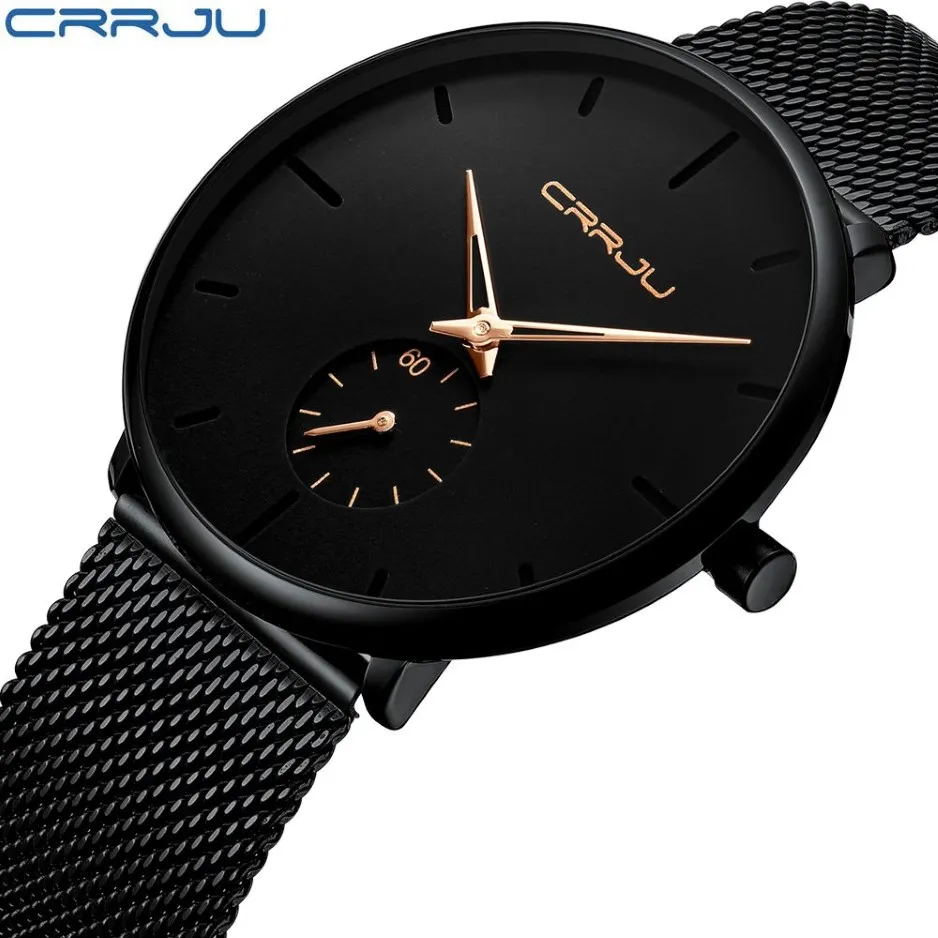 Crrju Top marque de luxe montre à Quartz hommes décontracté noir japon montre à quartz en acier inoxydable visage ultra mince horloge mâle Relogio New271r