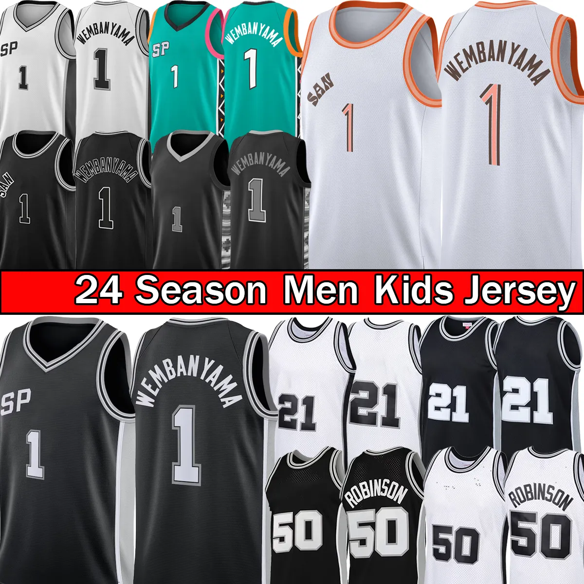 فيكتور ويمبانياما تحفيز قمصان كرة السلة San City Antonio Spures 2023-24 Dennis 91 Rodman David 50 Robinson Retro Jersey White Black Sports Shirt