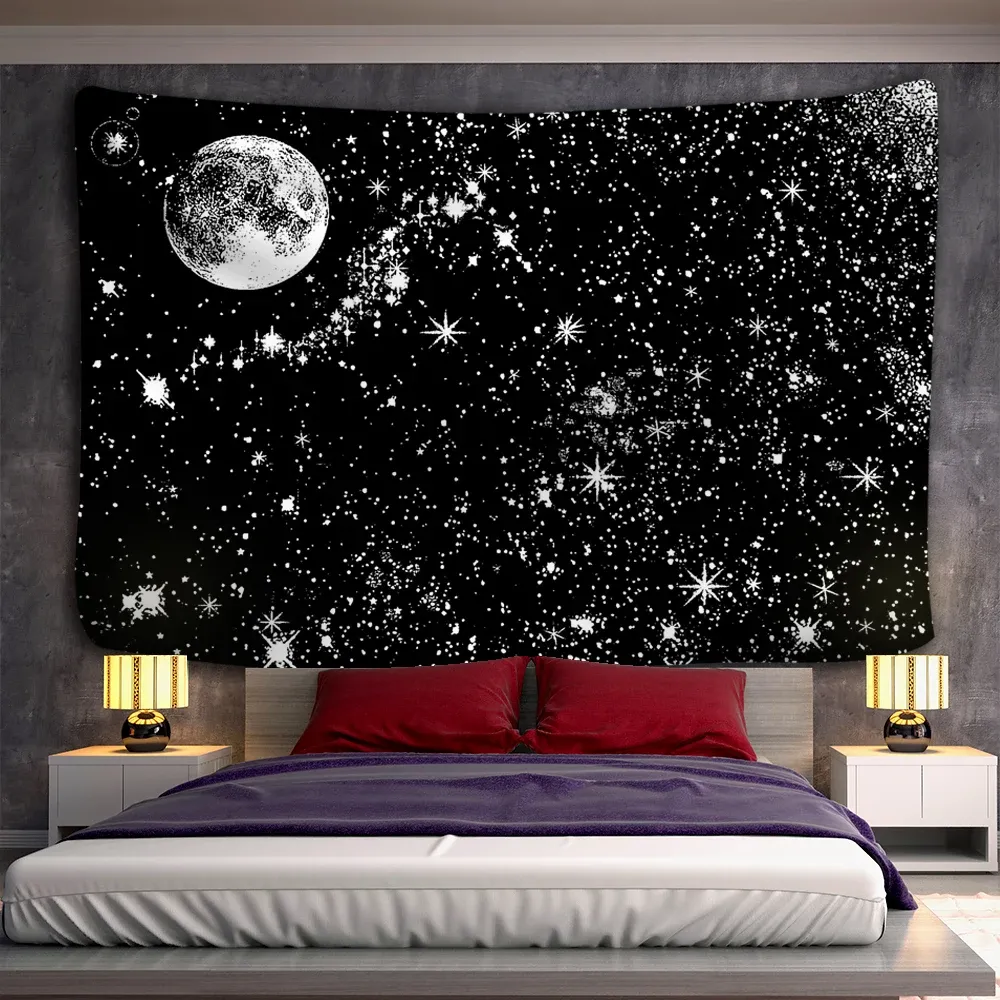 Pierres tombales Tapisserie Mandala Lune Noir et Blanc Décoration Bohème Tenture Murale Chambre Psychédélique Scène Starlight Art Décoration de la Maison