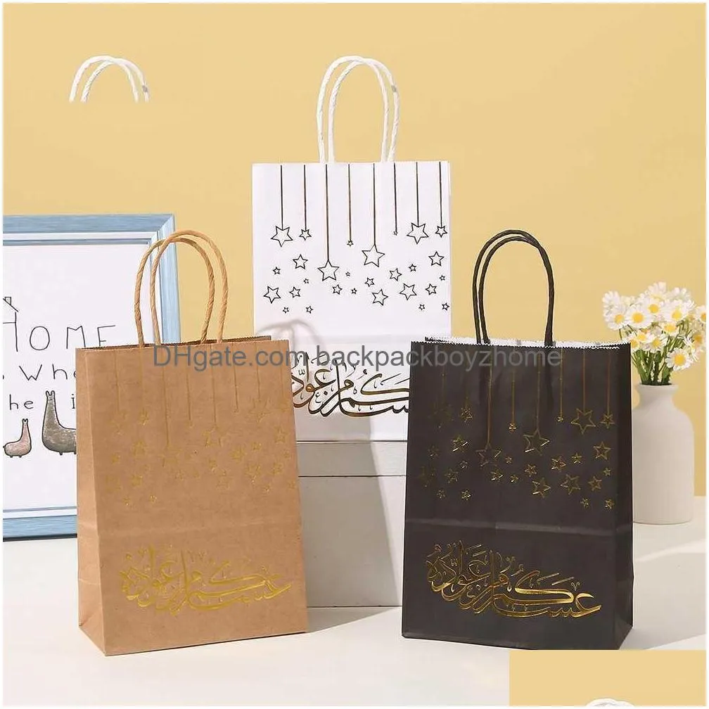 Gift Wrap 5Pcs Eid Mubarak Kraft Paper Bags Party Cookie Candy Packaging Box Ramadan Kareem Muslim Islamic Festival Favors Drop Delive Dhn8C