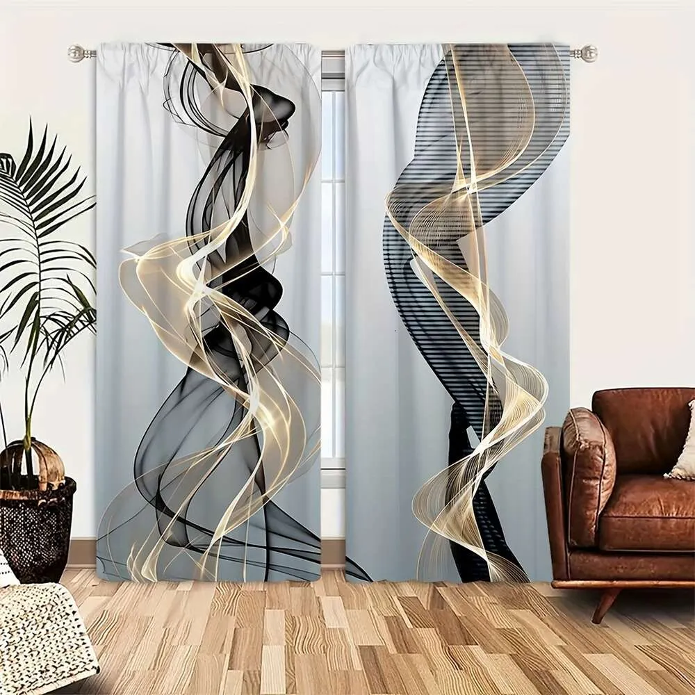 2 peças, linhas artísticas estéticas abstratas impressas protegem cortina de privacidade, adequadas para decoração de sala de estar, blackout de quarto, chuveiro à prova d'água de banheiro