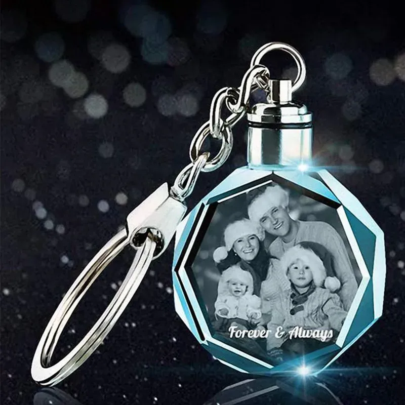 Frame 2D Laser Engraved Photo Crystal Keychain Personalized Round Shiny Glass Pandent with LED Light Wedding Memorial Gifts for Him
