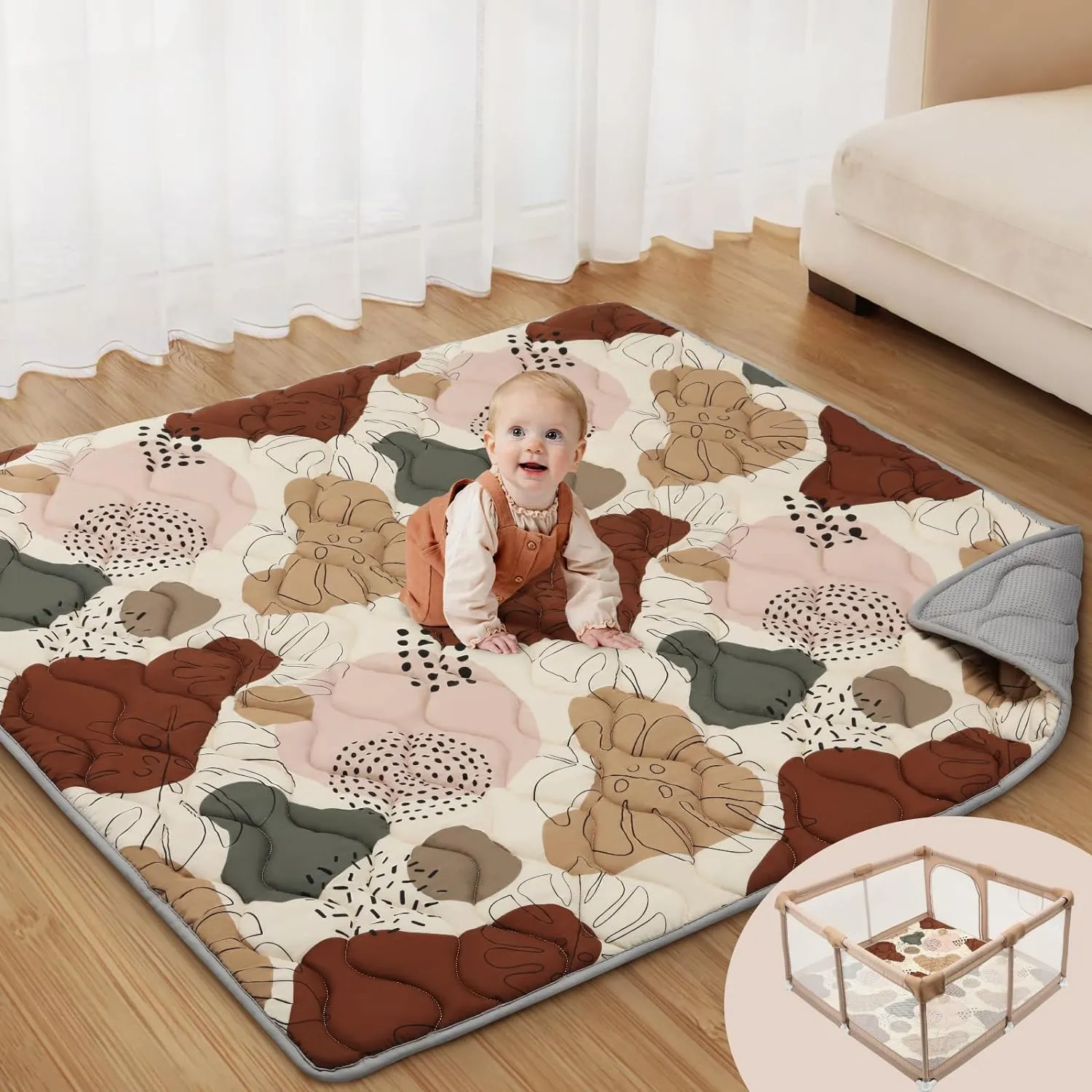 Play Mat for Playpen, Thicken Soft Padding Foam Playmats for Babies and Toddlers Infants, Foldable and Machine Washable Baby Crawling Mat