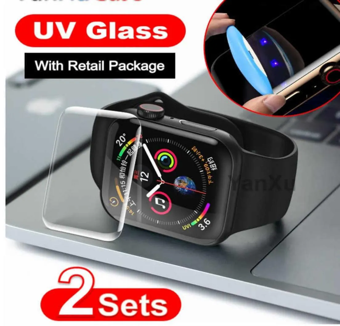 2 Stuks UV Glas Screen Protector Voor Apple Horloge Serie SE 6 5 4 40mm 44mm 3 2 1 42mm 38mm Vloeibare Lijm Volledige Cover Film1240603