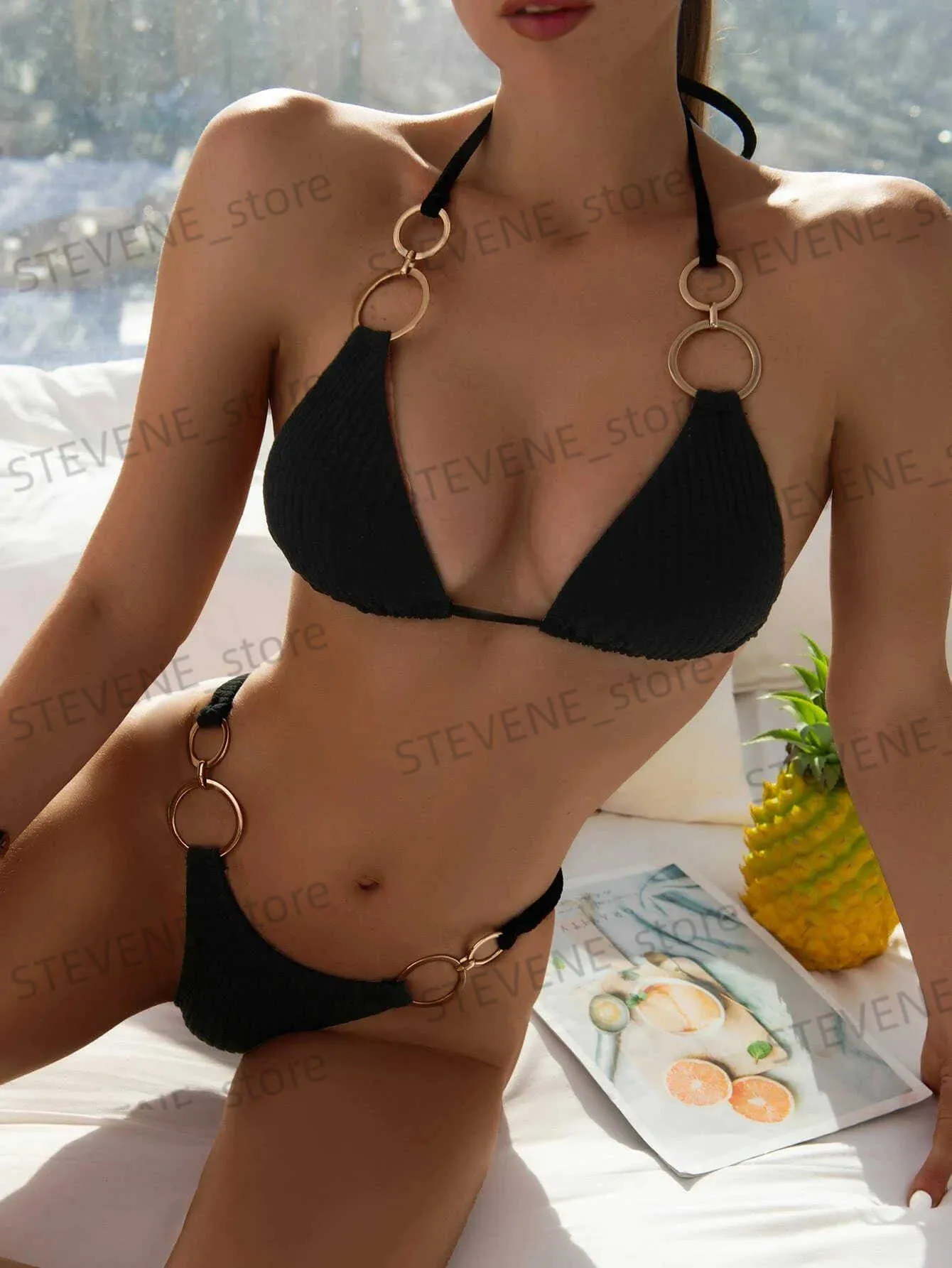 Женские купальники с текстурированным кольцом, бикини с бретельками, однотонный купальник, сексуальные бразильские купальники для женщин 2023, купальный купальный костюм, женская пляжная одежда T240326