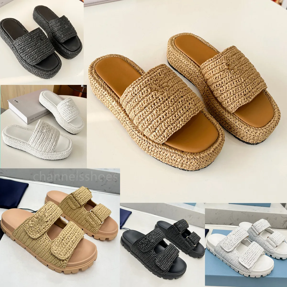 halm tofflor designer sandaler sommar lyxskor kvinnor pool tofflor kvinnor sandaler strand casual skor sandaler för kvinnor män sko vit svart tjocka solade skor