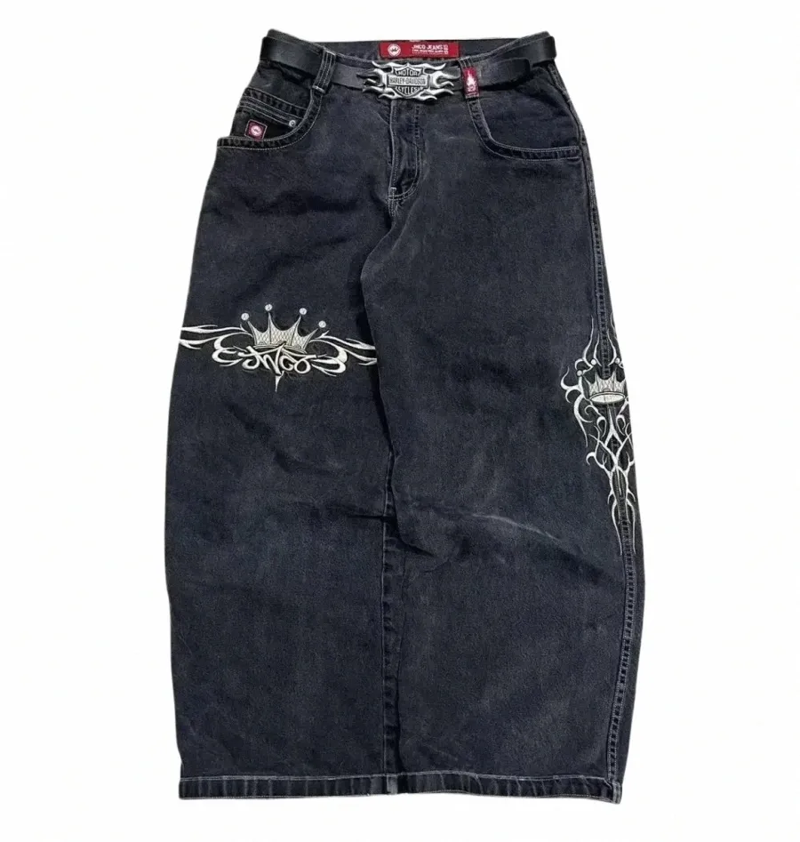 JNCO Jeans Nya herrar harajuku retro hiphop -skalle broderi baggy jeans denim byxor 90s street gothic wide byxor streetwear c86b#