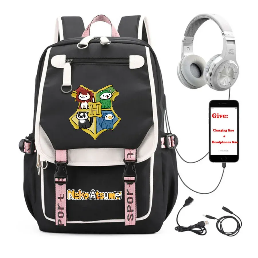 Ryggsäck anime neko atsume ryggsäck unisex resor ryggsäck studentskola bok väska USB laddar tonåringar bärbar datorpack