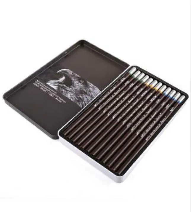 Superior 12st Artist Soft Medium Hard Charcoal Pencil Metal Box Nontoxic Sketch Pencils för att rita skolmaterial6736223