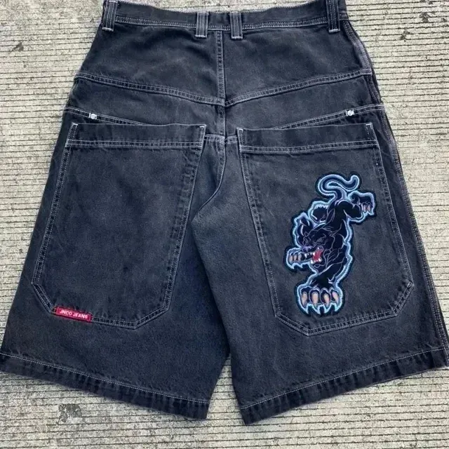 JNCO Jean Shorts Black Cargo Wide Skater Embroider Flaming