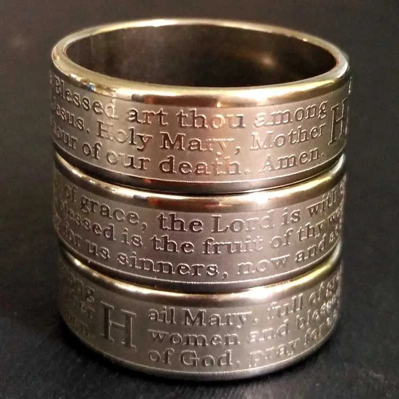 Bandringar 20 etsade Mary Prayer Rings Rostfritt stål Bandringar snidade i engelska Mens Jesus Religious smycken J240326