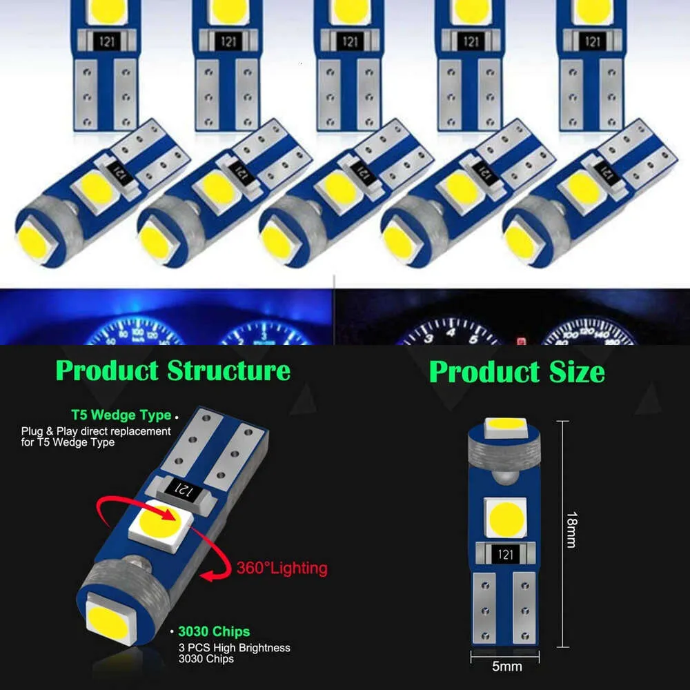 Atualização 10 peças lâmpada led t5 w3w w1.2w led canbus luzes interiores do carro painel indicador de aquecimento cunha lâmpada de instrumento automático 12v