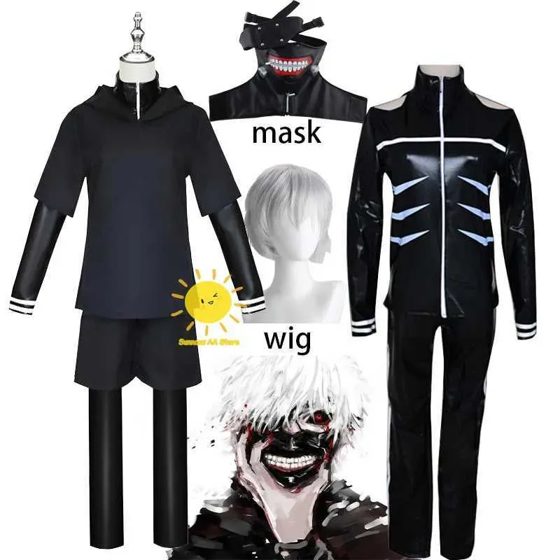 Cosplay Anime Costumes Tokyo Ghoul role-playing Kaneki Ken role-playing uniforme máscara com capuz jaqueta shorts conjunto completo de roupas peruca menC24321