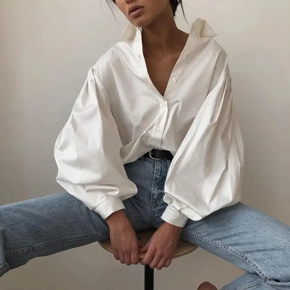 Lady Shirt Lapel Lantern Long Sleeves Singlebreasted Placket Solid Color Loose Women Blouse Female Clothing 240322