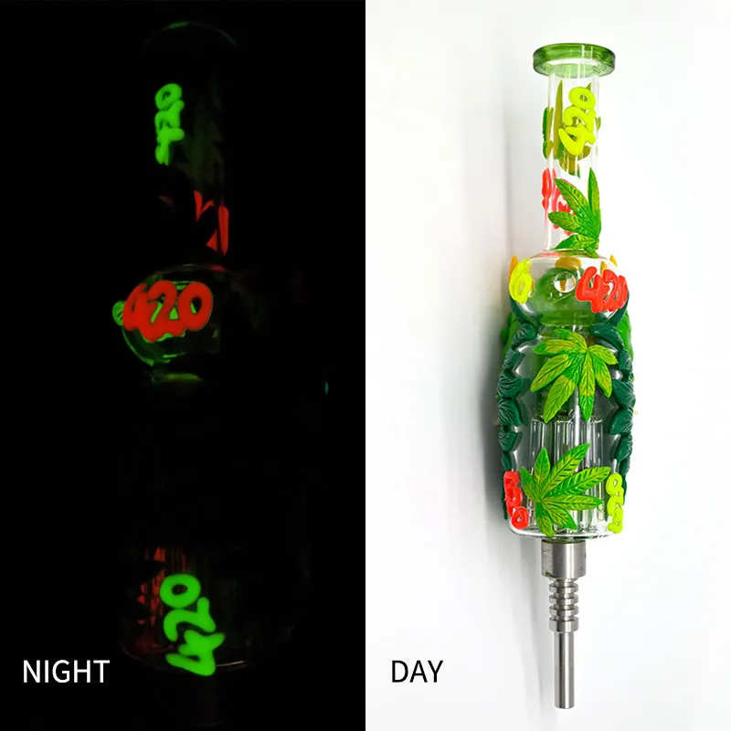25.5cm/10in,Glass Bong With 420 Pattern,Glow In Dark,Borosilicate Glass Water Pipe With One Percolator,Nectar Collector Glass Colorful NC Kit,Smoking Accessaries