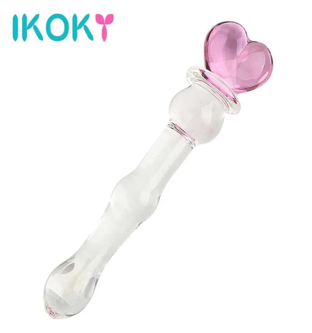 Ikoky Pink Heart Glass Dildo för kvinnor Crystal Masturbator för kvinna för vaginal och analstimulering Glasglädje Wand Q1707186635919