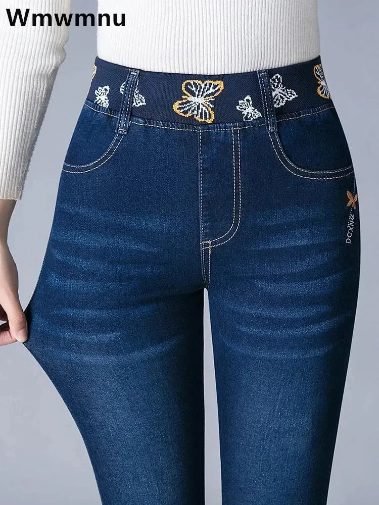 Mãe vintage casual estiramento denim calças mulher cintura alta magro lápis jeans primavera outono coreano tamanho grande 7xl kot pantolon 240307