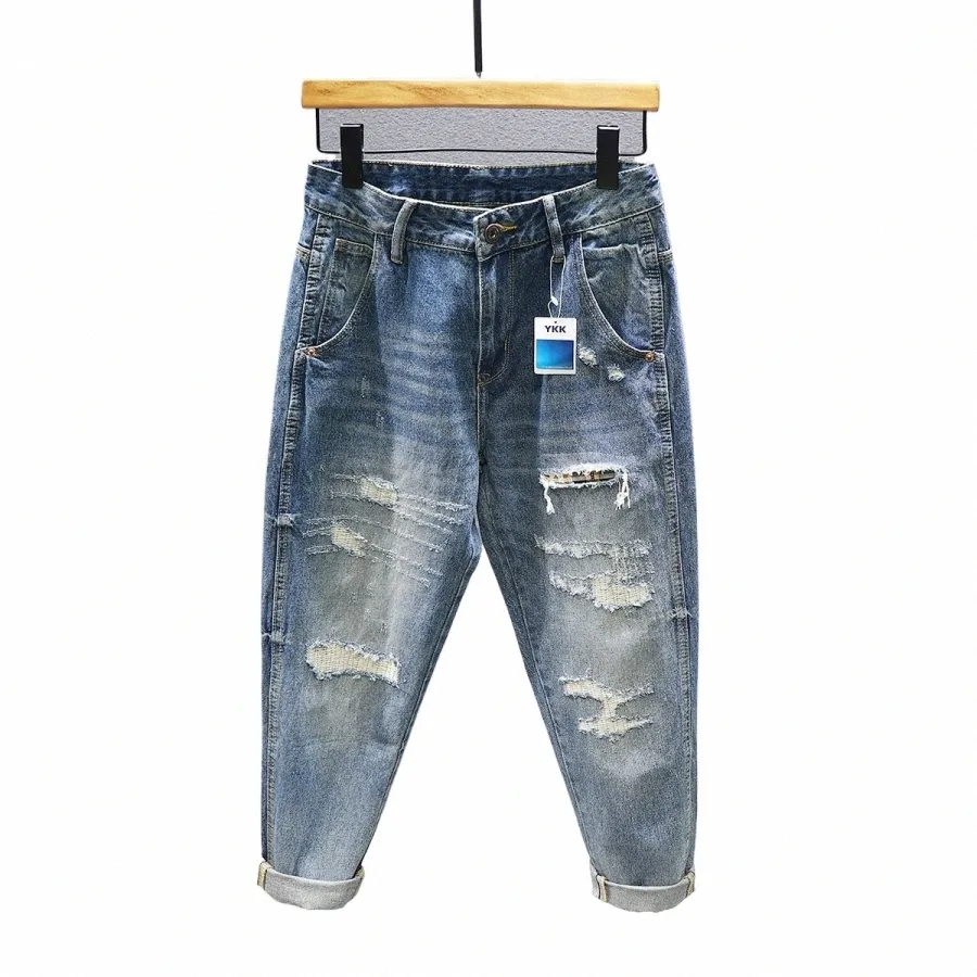 Streetwear Gescheurde Jeans Voor Mannen Lente Nieuwe Fi Vintage Broek Losse Distred Patch Motorfiets Gaten Denim Broek H7Zn #