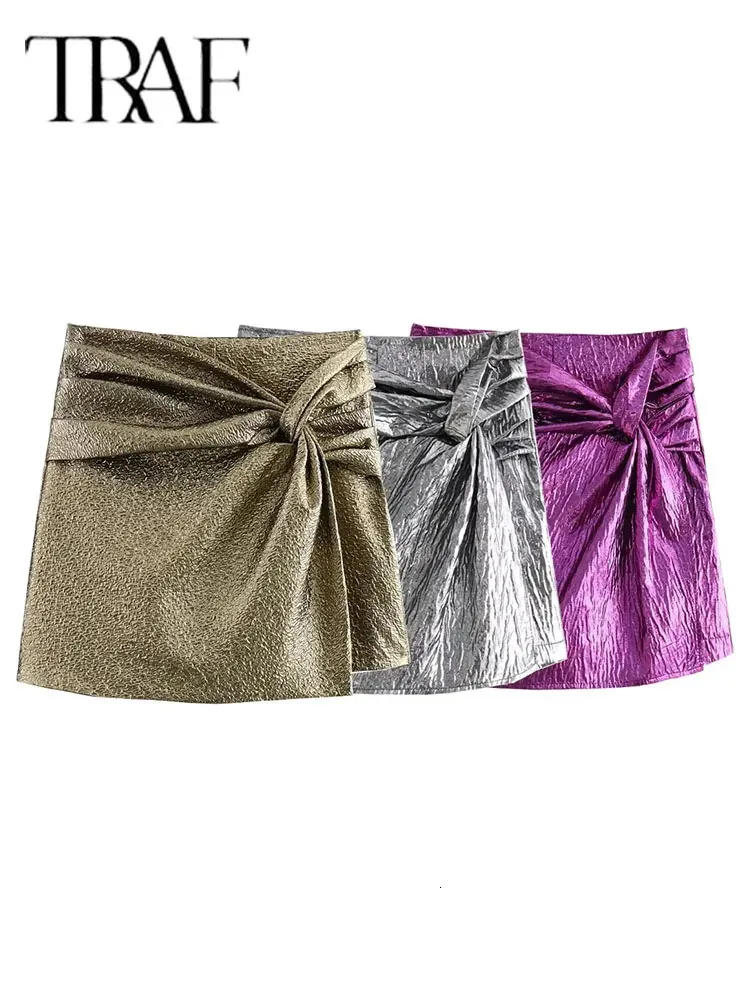 TRAF 2024 Mini falda con nudo, pantalones cortos para mujer, falda pantalón dorada para mujer, faldas cortas plisadas de cintura alta para mujer, falda elegante y elegante para mujer 240326