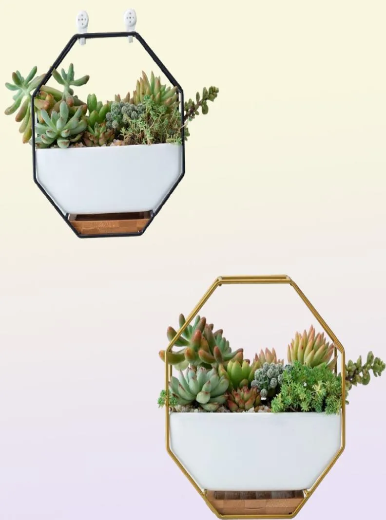 Vasi da fiori succulenti appesi Vasi da fiori in ceramica Supporto per supporto Cremagliera in ferro oro nero Vassoio di bambù Fioriera da tavolo geometrica per cactus Y21381349