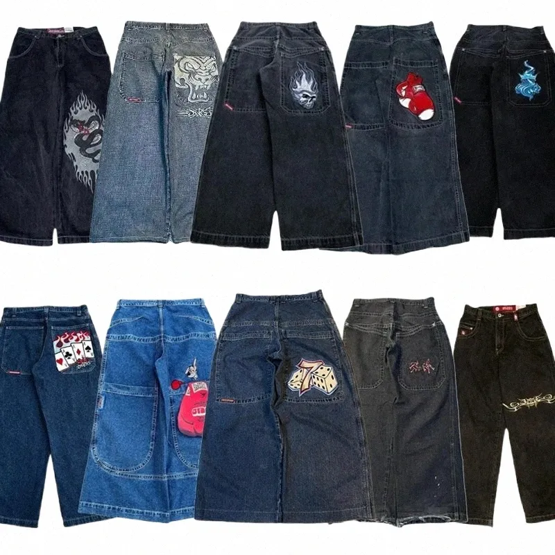 Jnco Jeans de pierna ancha Hombres Y2K Hip Hop Harajuku Pantalones de mezclilla bordados de alta calidad Streetwear Estética Casual Pantalones holgados Nuevo e3Dw #