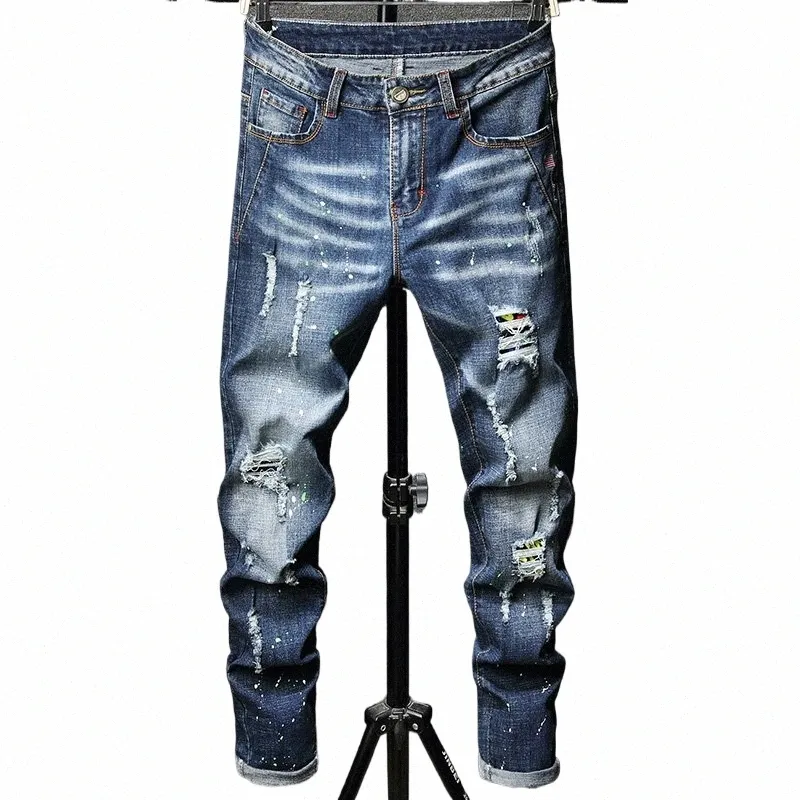 jeansy dżinsowe dla mężczyzn zrujnowane do dziury FI High Street Brand Pants New Hip Hop Wysoka jakość Plus I23G#