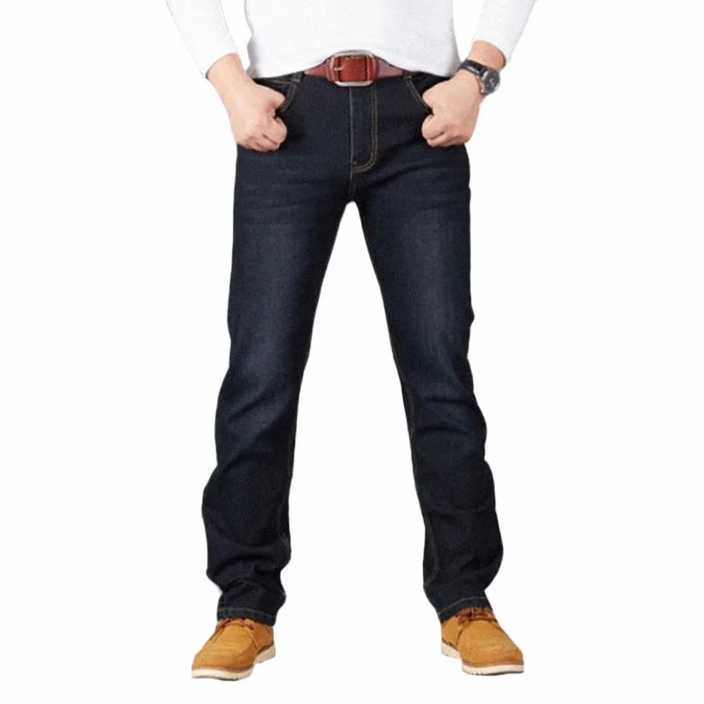28-50 Мужские брюки большого размера, эластичные прямые мешковатые брюки Fi, повседневные черные, синие джинсовые мужские джинсы-бусины, классические C2DX #