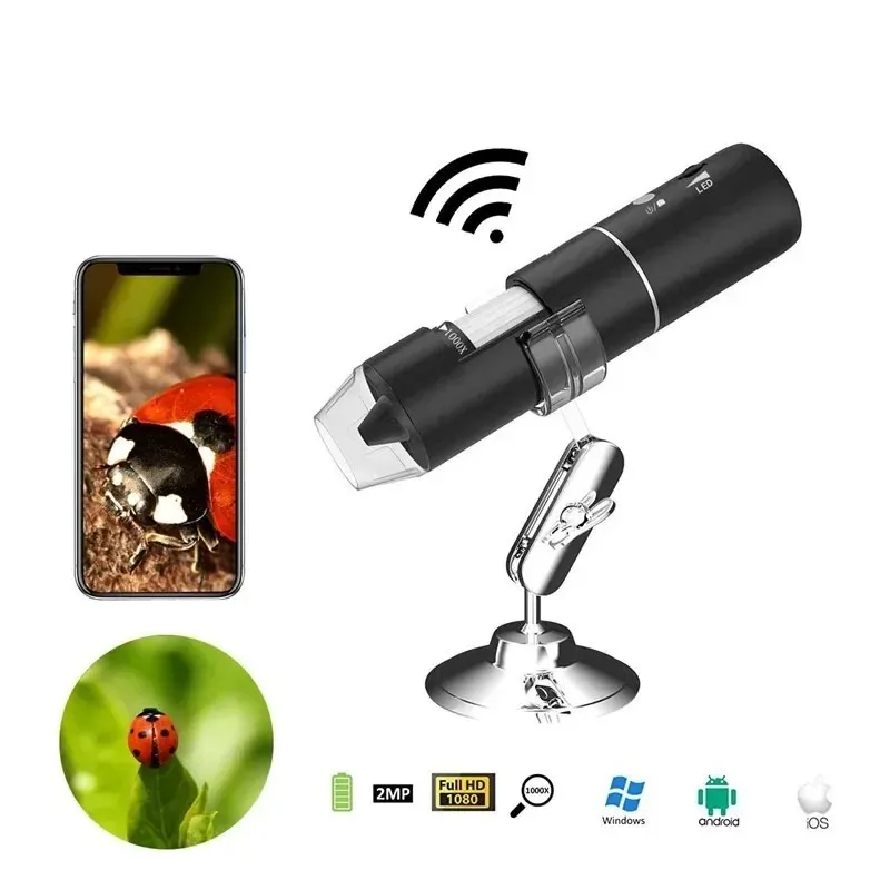 2024 WiFi Electron Kid Mikroskop Prostoremer 1000X 2 Megapixel 1000x Video Vergrößerung 8 LED Licht Handheld Mini Kamera Endoskop