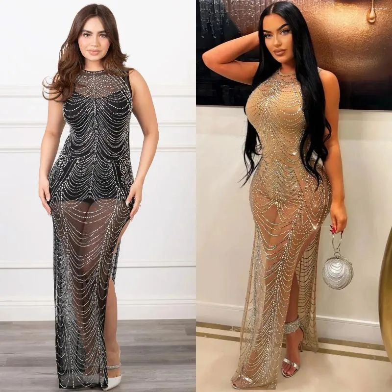 Sıradan elbiseler kadınlar kolsuz elmaslar rhinestones örgü yüksek yan bölünmüş bodycon maxi elbise seksi parti akşam şeffaf vestidos