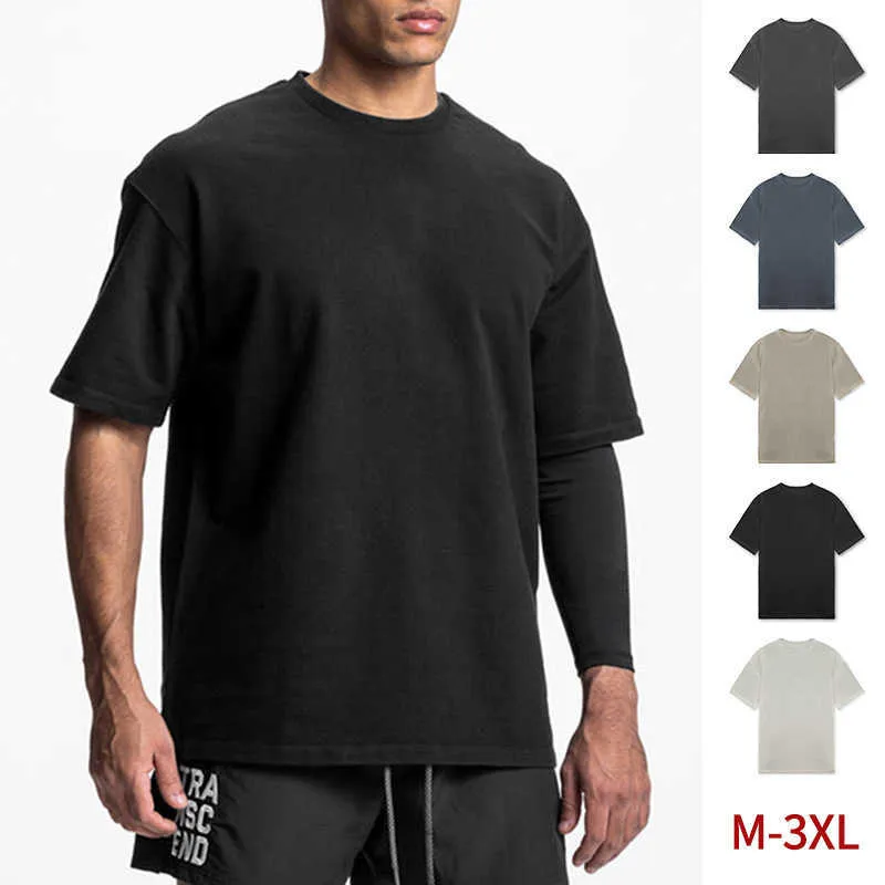 Mens Summer T-shirt Loose Round Neck Trendy Brand Washed Off Shoulder Bottom Shirt