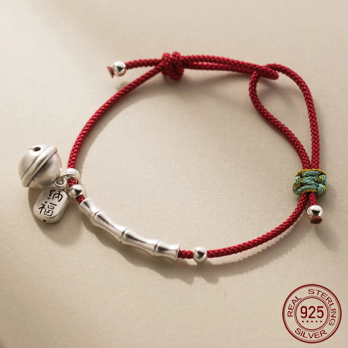 Fit 23cm 999 Bracelet Silver Rope Retro Bell Lucky Red Line Ligne Bracelets pour femmes Girls Kids Bamboo 240315
