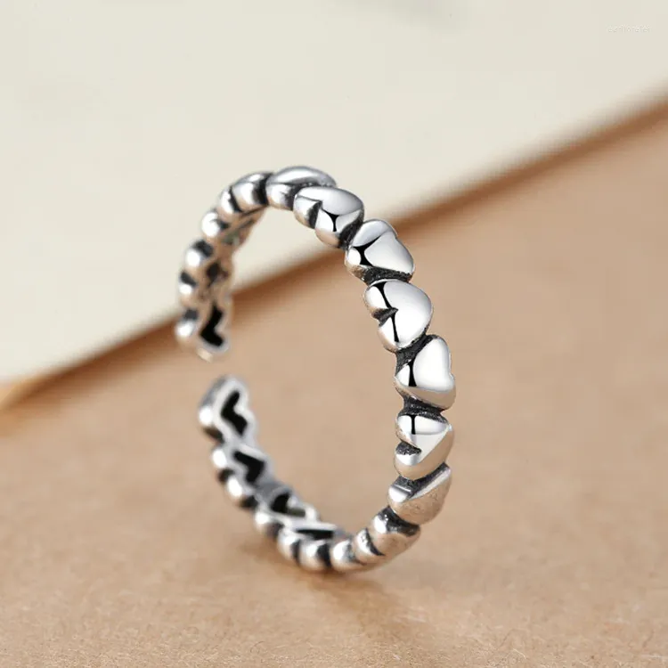 Cluster Rings Korean Vintage Heart Ring INS Style Design Silver Color Opening Adjustable Finger Accessories