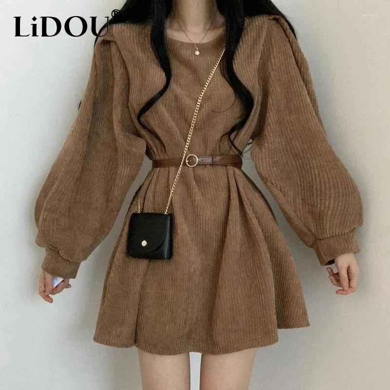 Casual Dresses 2024 Spring Autumn Solid Color Round Neck Lantern Sleeve Mini Dress Women Loose Corduroy Belt Elegant Vintage