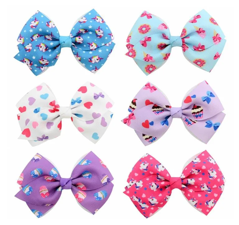 6pcsLot 4inch Unicorn Cake Heart Donut Print Grosgrain Ribbon Bow With Clip For Kids Floral Bows Girls Hair Accessories 8651978613