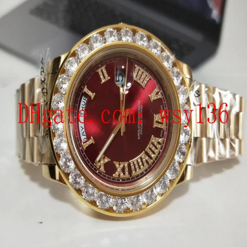 Luxo -vendo o mostrador vermelho de discagem de punho de pulso Date Date II 18K Amarelo Gold 41mm Presidente 228238 Diamond Men's Casual Watches302V