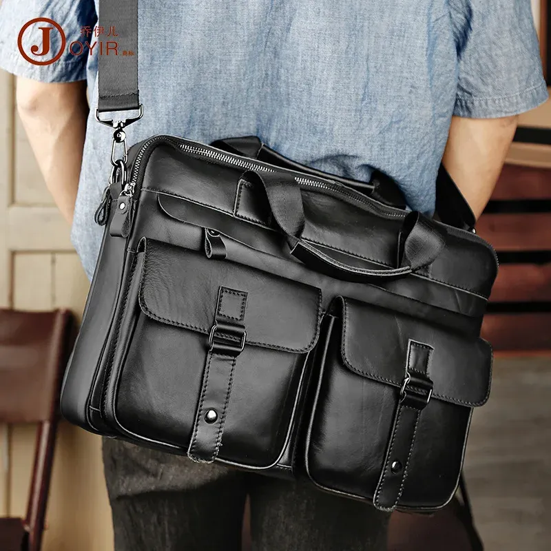 Ryggsäck äkta lädermäns portfölj stor 15,6 "bärbara väska affärsmessenger väska arbeta manliga axelväskor handväska tote portfölj