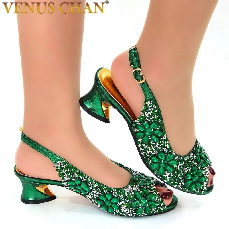 Green Color Party Shoes Est Italian Design Floral Full Diamond Fashion Woman High Heel Wedding Banket Ladies Sandaler 240320