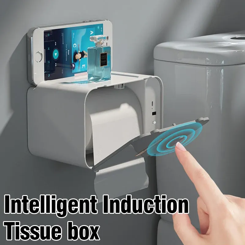 Hållare induktion toalettpappershållare hyllan automatisk papper ut wc pappers rack väggmonterad toalett dispenser vävnadshängare tillbehör