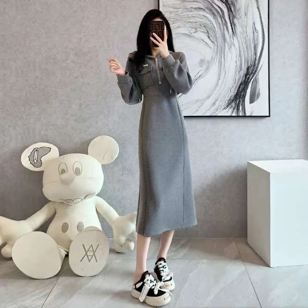 2024 New High End Grey Hooded Long Wardrobe with Waist Wrapping Style Casual Dress Children's Spring and Autumn Season