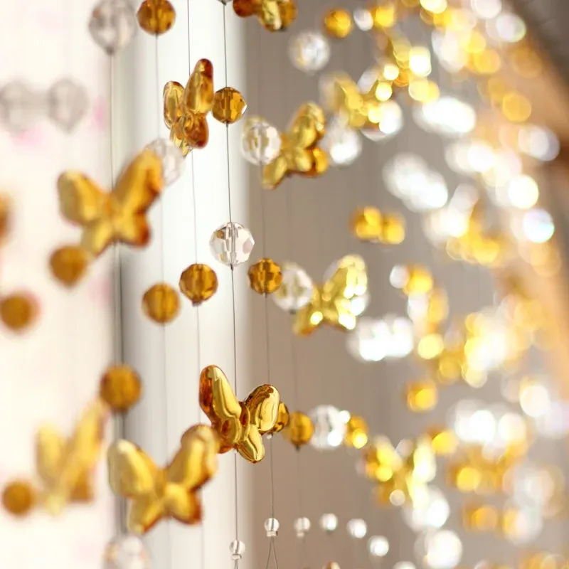 Persiane 5 strisce Giallo dorato Farfalla Tende di perline di cristallo Tenda per porta Partizione Windows Appeso Festival Festa Decorazione domestica