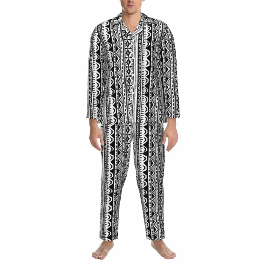 Geo Print Pajama Set Tribal Stripe Warm Sleepwear Male LG-Sleeveカジュアルレジャー2ピースナイトウェアプラスサイズ2XL 2056＃