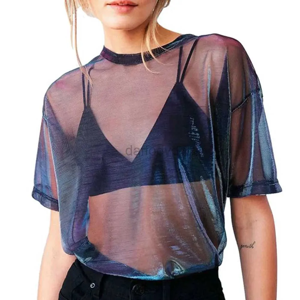 Débardeurs pour femmes Camis Nouvelle chemise pour femme sexy transparent résille haut à manches courtes maille visible transparent et lâche à la mode S-XL 24326